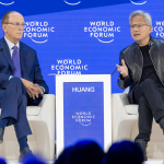 NVIDIA founder and CEO Jensen Huang in conversation with Larry Fink, chair and CEO of BlackRock, at the World Economic Forum Annual Meeting 2026 in Davos, Switzerland. Image credit: World Economic Forum / Thibaut Bouvier