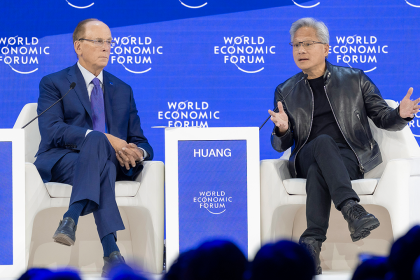 NVIDIA founder and CEO Jensen Huang in conversation with Larry Fink, chair and CEO of BlackRock, at the World Economic Forum Annual Meeting 2026 in Davos, Switzerland. Image credit: World Economic Forum / Thibaut Bouvier
