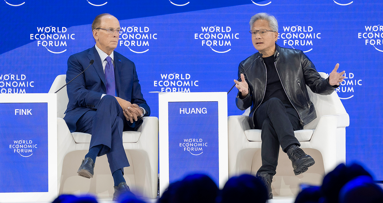 NVIDIA founder and CEO Jensen Huang in conversation with Larry Fink, chair and CEO of BlackRock, at the World Economic Forum Annual Meeting 2026 in Davos, Switzerland. Image credit: World Economic Forum / Thibaut Bouvier
