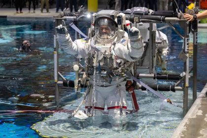 NASA astronaut Anil Menon participates in a spacewalk training session at NASA’s Johnson Space Center’s Neutral Buoyancy Laboratory in Houston, Texas, ahead of his upcoming mission to the International Space Station. NASA/David DeHoyos