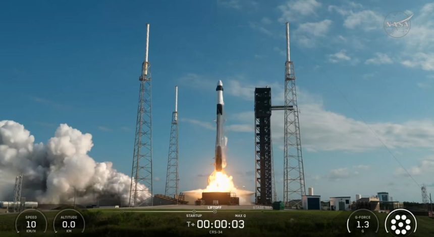 The SpaceX Falcon 9 rocket, carrying the Dragon cargo spacecraft atop, launched Friday, May 15, 2026, from Space Launch Complex 40 at Cape Canaveral Space Force Station in Florida. Credit: NASA+