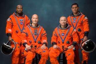 The Artemis III crew poses for an official portrait (from left: Andre Douglas, Luca Parmitano, Randy Bresnik, Frank Rubio). Credit: NASA/Bill Stafford
