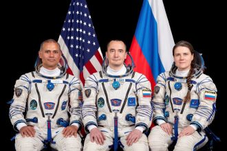 NASA astronaut Anil Menon and Roscosmos cosmonauts Pyotr Dubrov and Anna Kikina, Soyuz MS-29 prime crew members, pose for a portrait at the Gagarin Cosmonaut Training Center in Russia. Credit: GCTC