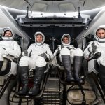 NASA’s SpaceX Crew-13 members are pictured in their pressure suits seated inside a mockup Dragon spacecraft during a preflight training session at the company’s headquarters in Hawthorne, California. From left are Roscosmos Sergey Teteryatnikov, NASA astronauts Luke Delaney and Jessica Watkins, and CSA (Canadian Space Agency) astronaut Joshua Kutryk. Credit: SpaceX