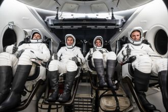 NASA’s SpaceX Crew-13 members are pictured in their pressure suits seated inside a mockup Dragon spacecraft during a preflight training session at the company’s headquarters in Hawthorne, California. From left are Roscosmos Sergey Teteryatnikov, NASA astronauts Luke Delaney and Jessica Watkins, and CSA (Canadian Space Agency) astronaut Joshua Kutryk. Credit: SpaceX