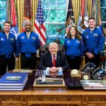 From left, Artemis II crew NASA astronauts Reid Wiseman, Victor Glover, Christina Koch, and CSA (Canadian Space Agency) astronaut Jeremy Hansen are photographed on April 29, 2026, in the White House Oval Office with President Donald J. Trump. Credit: White House