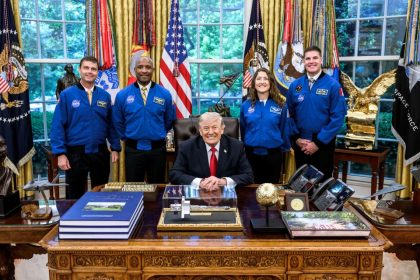 From left, Artemis II crew NASA astronauts Reid Wiseman, Victor Glover, Christina Koch, and CSA (Canadian Space Agency) astronaut Jeremy Hansen are photographed on April 29, 2026, in the White House Oval Office with President Donald J. Trump. Credit: White House